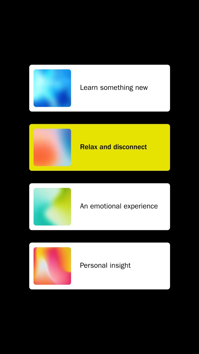 Four mood cards, from learning something new to personal insight, with one selected