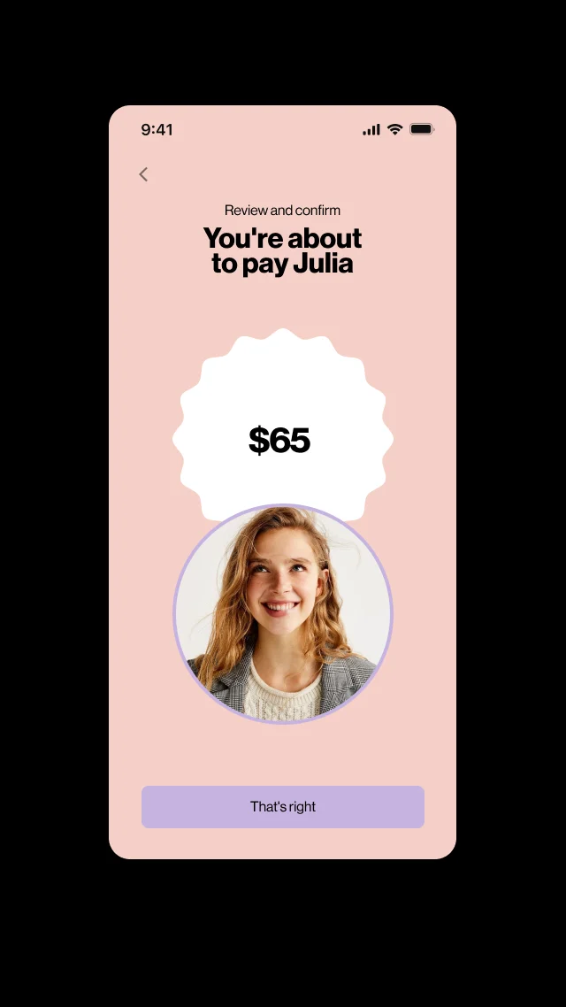 Confirming a $65 payment to Julia